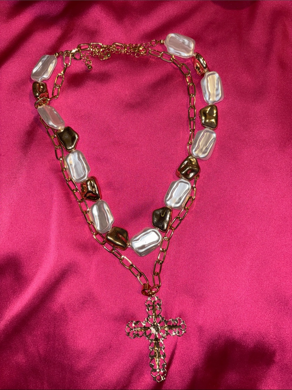 T.J.Maxx Gold Tone Layered Necklace with White and Gold Beads